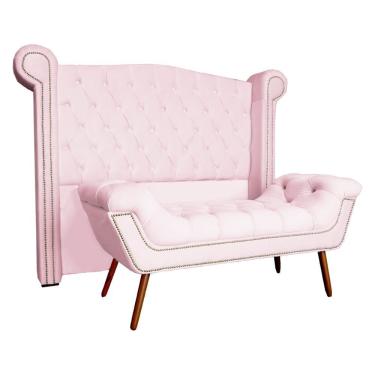 Imagem de Kit Provença Cabeceira De Cama Box E Calçadeira Baú Casal 140 Cm Veludo Rosa Claro Sj Móveis E Decoração