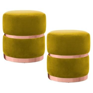 Imagem de Kit 2 Puffs Decorativos Com Cinto E Aro Rosê Round C-279 Veludo Amarelo - Domi