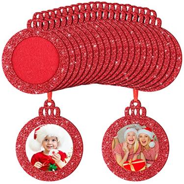 Imagem de Jetec 20 peças de enfeite de bola de Natal com moldura de feltro para fotos de Natal, mini porta-retratos para pendurar com glitter, para decoração de meias de árvore de Natal, presentes (vermelho)