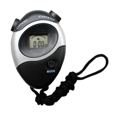 Imagem de Cronômetro Digital Esportivo com LCD, Cinza e Preto, 8,5x6cm, Cordão Incluso, Precisão 1/100s, Bateria LR44, Alarme e Relógio