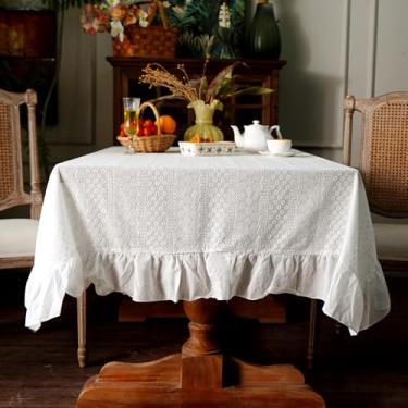 Imagem de Artbloss Toalha de mesa de algodão branco com babados em tecido bordado de renda rústica francesa lavável para ambientes internos e externos, festas de Natal (branca, 152 x 213 cm)