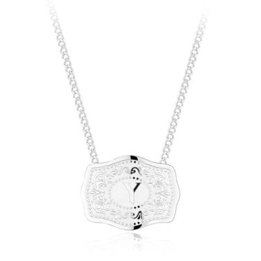 Imagem de Holylegend Colar com pingente de letra inicial banhado a ródio com fivela de cinto em relevo, colar com inicial Western Cowgirl para mulheres, compre 1 e ganhe 2 correntes, joia personalizada para