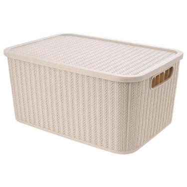 Imagem de Caixa Organizadora com Tampa e Alças, Bege, Estilo Trançado, Plástico
