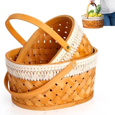 Imagem de Noamus Pacote com 2 cestas de pães, cestas de piquenique de madeira com alças, suporte oval de vime para armazenamento de frutas e vegetais, cesta de tecido decorativa para presente para casamento