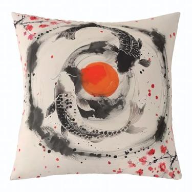 Imagem de jejeloiu Capas de almofada estilo japonês, 40,6 x 40,6 cm, conjunto de 1 capas de almofada quadradas para meninos e meninas, adolescentes, yin yang, flores de cerejeira, fronhas para sofá e cadeira