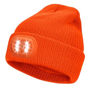 Imagem de IVYWNT Gorro unissex de LED com luz, lanterna de cabeça recarregável por USB, chapéu de malha de inverno, presente de Natal para homens e mulheres, laranja