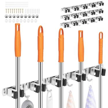 Imagem de KHZSPP Suporte de parede com 5 prateleiras e 4 ganchos para esfregão e vassoura, dois métodos de instalação, ganchos resistentes de aço inoxidável autoadesivos sólidos e antiderrapantes para cozinha