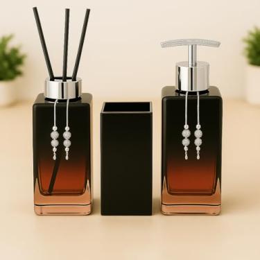 Imagem de Kit Lavabo Banheiro Luxo Square com Difusor, Sabonete Líquido e Porta Escova de Vidro(Preto Rose C/Prata)