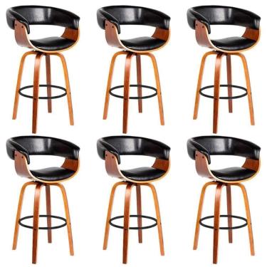 Imagem de Kit 6 Banquetas Giratória Alta Com Encosto Base Madeira Ravi R02 Sintético Preto - Mpozenato