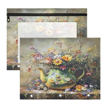 Imagem de SEHANY Pasta de lápis de flores de jardim com 3 anéis - bolsa de documentos com zíper tamanho A4 com janela transparente para sala de aula, escritório, 2 peças