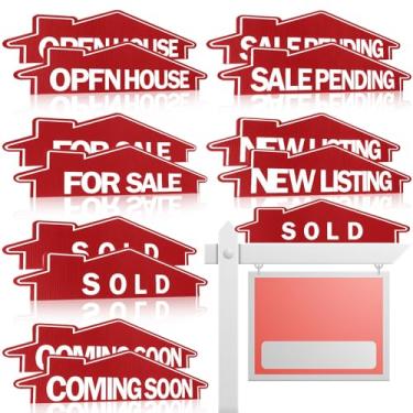 Imagem de Juexica 12 placas para cavaleiro de imóveis 61 x 15 cm em breve, para venda, pendentes, placas à prova d'água vendidas com mensagens diferentes (formato de casa, vermelho com branco)