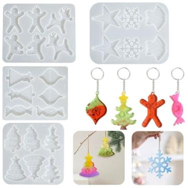 Imagem de 4 moldes de resina de Natal, enfeites de Natal, moldes de pingente de silicone, molde de joias de resina com orifício para pendurar para brincos faça você mesmo, enfeite de chaveiro, artesanato