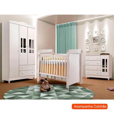 Imagem de Quarto de Bebê Ariel II Berço Guarda-Roupa Cômoda Colchão Baby D18 (10x70x130) Branco Infantil