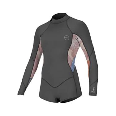Imagem de Roupa de mergulho feminina Bahia 2/1 mm zíper traseiro manga comprida surfe, grafite/desert Bloom/Drift Blue, 8