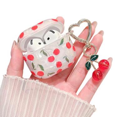 Imagem de MINSCOSE Capa transparente para AirPods 4, linda estampa de folhas de cerejeira, design estético com chaveiro em forma de coração de cereja, capa protetora de TPU macio à prova de choque para mulheres
