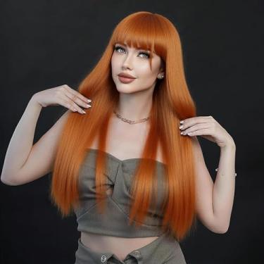 Imagem de Peruca feminina laranja escura com franja de cabelo sintético liso de 55 cm resistente ao calor para festa à fantasia de Halloween, cosplay
