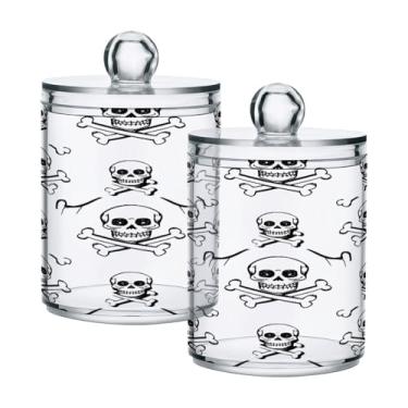 Imagem de Qilmy Pacote com 2 suportes Qtip com estampa de caveira de 400 ml, frascos de boticário de 400 ml, vasilha organizadora de banheiro para Qtips, cotonetes, bolas de algodão, almofadas cosméticas