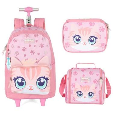 Imagem de Kit Mochila Rodas Lancheira Estojo Escolar Up4you Pet Cute, Rosa