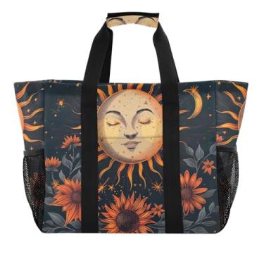 Imagem de ODAWA Bolsa de compras de lona embalável com girassóis de sol e lua para natação e verão, bolsa de verão com bolsos para viagens, Girassóis de sol e lua, One Size