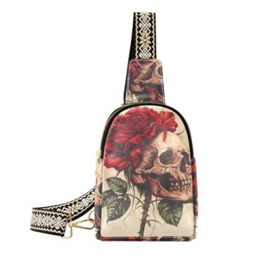 Imagem de CEBUGI Bolsa tiracolo feminina crânio rosa pequena bolsa tiracolo de couro bolsa de peito para caminhadas, viagens ao ar livre