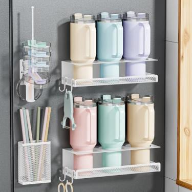 Imagem de VITVITI Pacote com 4 suportes magnéticos para geladeira, suporte de copo de metal de 1,134 g para copo Stanley, organizador magnético de garrafa de água com tampa, conjunto de suporte de canudo