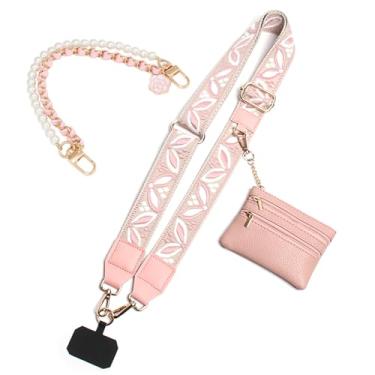 Imagem de RENUIS Alça de telefone com bolsa com zíper, clipe ajustável e alça para celular com carteira transversal (folhas rosa)