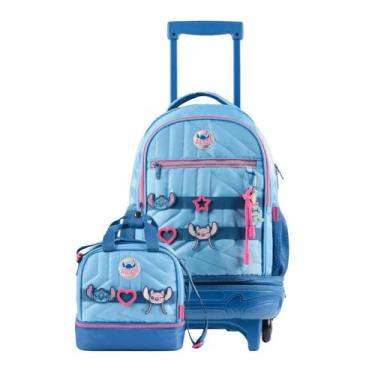 Imagem de Kit Mochila de Rodinhas + Lancheira Térmica Feminina Stitch Star Azul 