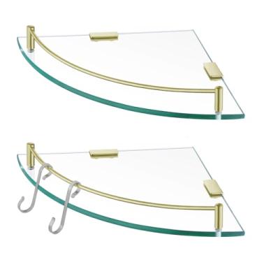 Imagem de KES Prateleira de canto de vidro com ganchos de aço inoxidável 18/8, prateleira de canto de banheiro de vidro temperado com trilho, prateleira de vidro para chuveiro, 2 unidades, montada na parede