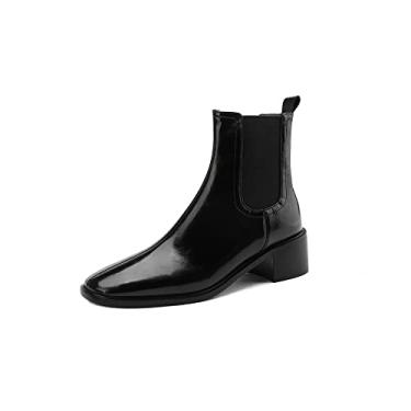 Imagem de TinaCus Bota de cano curto feminina de couro legítimo feita à mão com salto grosso, sem cadarço, Preto, 39