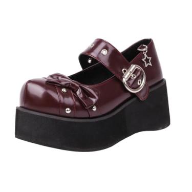 Imagem de Tênis feminino versátil, impermeável, com sola grossa, bico redondo, fivela, laço, bolo, esponja, feito sob medida, Vinho vinho, 39