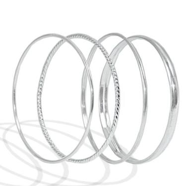 Imagem de 4 Bracelete Pulseira Rigida Argola Sem Fecho Grande Prata - Lojas La&N