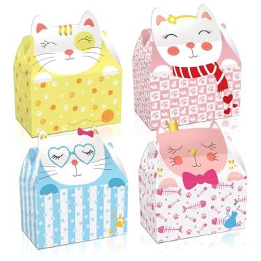 Imagem de 12 caixas de presente adoráveis com tema de gato, 4 pacotes de petiscos charmosos com design felino, perfeitos para amantes de gatos, aniversários e lembrancinhas de festa