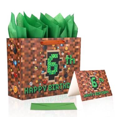 Imagem de Saco de Oferta com Tema Pixel, Videojogo para Aniversário 6 Anos com Cartão Felicitações Papel Seda e Envelope Sacos Lembranças Festa para Meninos e Meninas