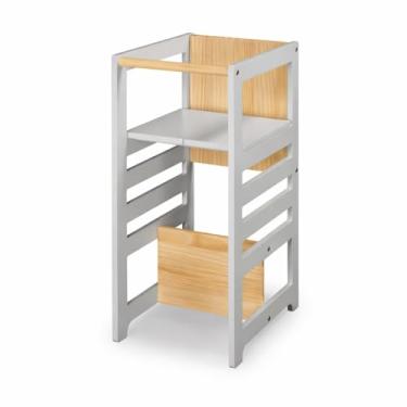 Imagem de Torre de Aprendizagem Montessoriana 4 em 1 Cinza Cadeirão Ajustável, Mesinha de Atividades, Quadro de Desenhos