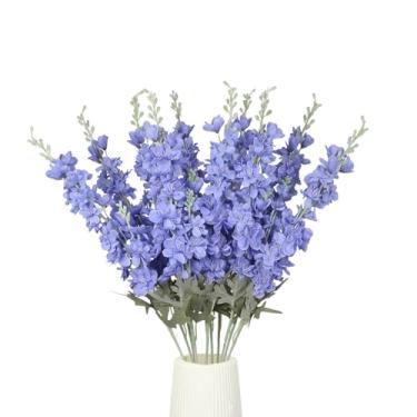 Imagem de GrainBuds 10 peças de flores artificiais Delphinium azuis, espora de larkspur, flores falsas, caule longo, flores de seda sintética, volume para vaso alto para decoração de mesa