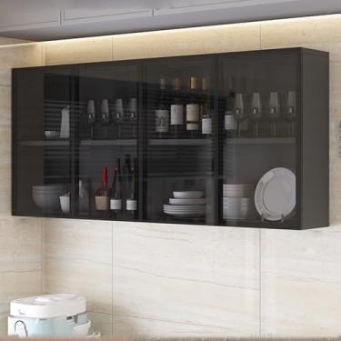 Imagem de Armário de exibição de vidro para banheiro montado na parede, armário de armazenamento de cozinha estreito em marrom/cinza, decoração de sala de estar com alça oculta, solução de armazenamento sobre o