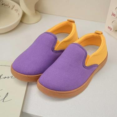 Imagem de Tênis infantil para meninas e meninos, cano baixo, sem cadarço, com bloqueio de cor, sapatos casuais de lona, confortável, tênis de corrida e caminhada com bloqueio de cor, roxo escuro, amarelo, Roxo