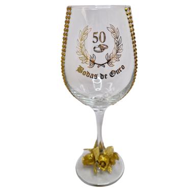 Imagem de Taça Vidro Bodas de Ouro 50 Anos Rosas Casal Vinho