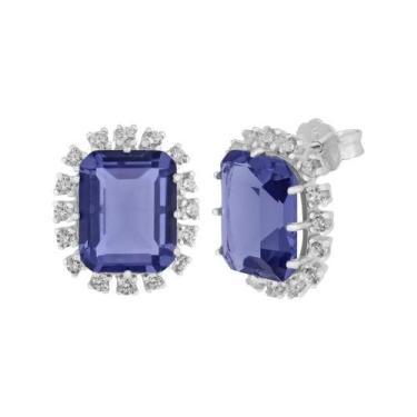 Imagem de Brinco de Prata Coleção Queens Cristal Tanzanita 8x10 e Zircônias Bran
