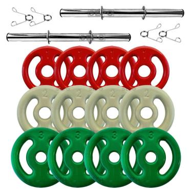 Imagem de Kit Anilhas Emborrachadas 24 Kg + Barras 40cm com Presilhas-Feminino