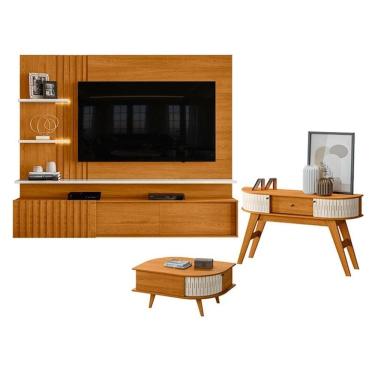 Imagem de Estante Home Theater Suspenso Atena com Aparador Estoril e Mesa de Centro Indianápolis Cinamomo Off White – Madetec
