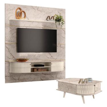 Imagem de Estante Home Theater com Bancada Suspensa Bugatti com Mesa de Centro Indianápolis Calacata Off White – Madetec