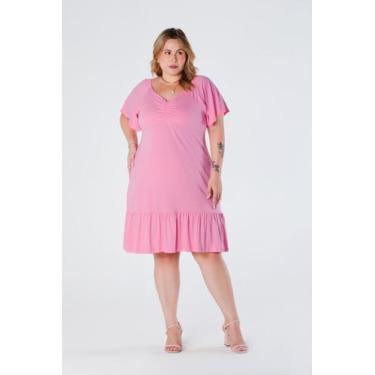 Imagem de Vestido Curto Plus Size com Decote V Manga Ampla e Barra de Babado Ros