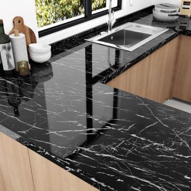Imagem de Skyblur Papel de contato de mármore preto à prova d'água papel de parede de mármore descascar e colar papel de contato preto brilhante para bancadas cozinha armários Backsplash vinil removível papel