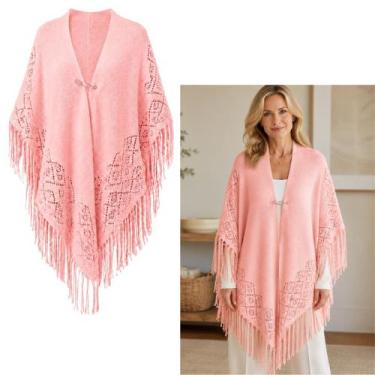 Imagem de Poncho Feminino em Tricot Premium com Franjas Elegante Inverno Luxo (1