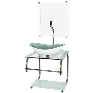 Imagem de GABINETE DE VIDRO CUBA OVAL 40CM INOX BRANCO COM TORNEIRA CROMADA