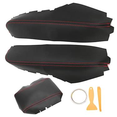 Imagem de Almofada de apoio de braço para console central de carro preta com capas de linha vermelha protetores de couro PU capa de apoio de braço para 2016 2018 3 peças