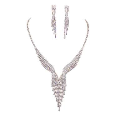 Imagem de Rosemarie Collections Conjunto feminino simplesmente deslumbrante de cristal com franja de strass prateado e brincos hipoalergênicos, 33 cm + 12,7 cm, Vidro, Cristal