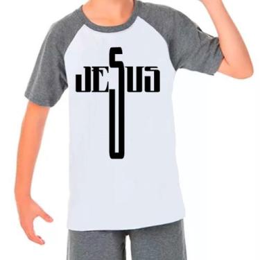 Imagem de Camiseta Raglan Jesus Gospel Evangélica Cinza Branco Inf04 - Design Ca