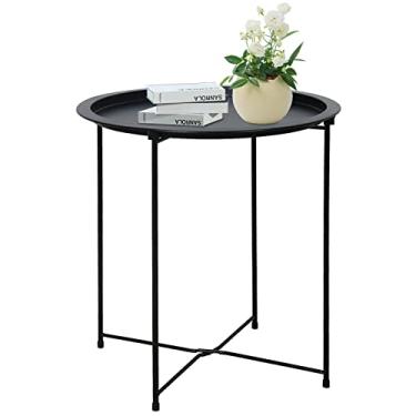 Imagem de Garden 4 you Mesa lateral de metal preta redonda bandeja dobrável para sofá ciano pequena mesa dobrável com destaque, bandeja de mesa redonda, ao lado da mesa de sofá, mesa de lanche para sala de